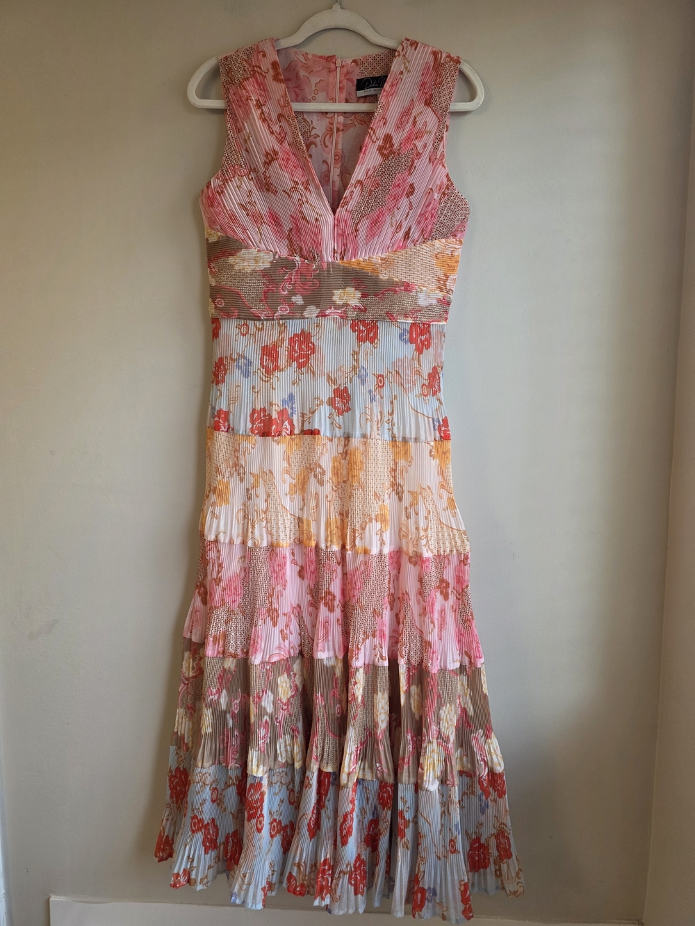 DALIA MACPHEE Floral Pleated Tiered Maxi Dress Medium Pink Patchwork - Picture 3 of 9